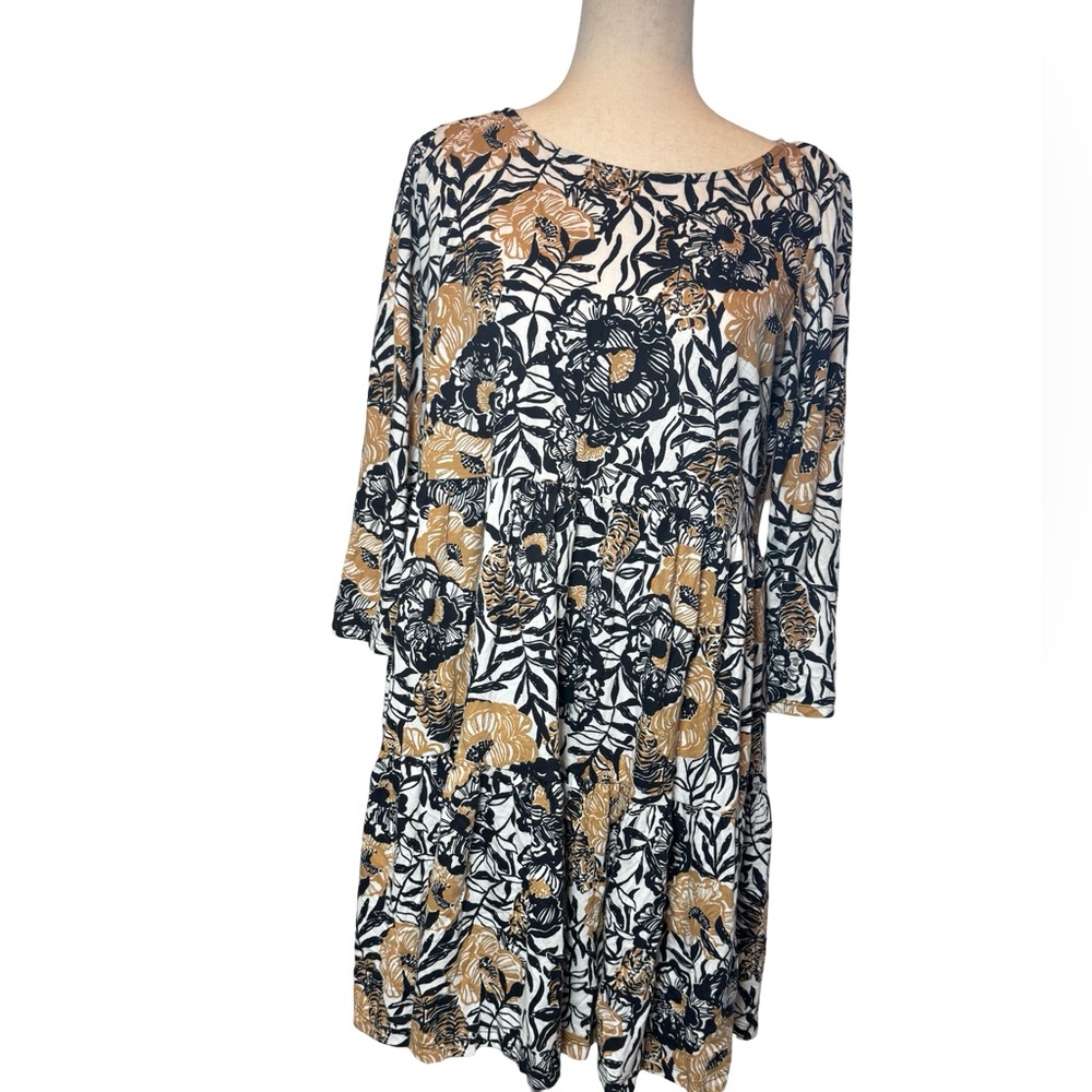 Lilly Pulitzer Black, White & Tan Floral Long-Sleeve Midi Dress